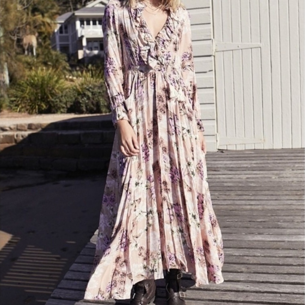 Jaase Chantal Pink Floral Ruffled Maxi Dress Boho Size L